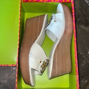 White and gold Tory Burch wedges